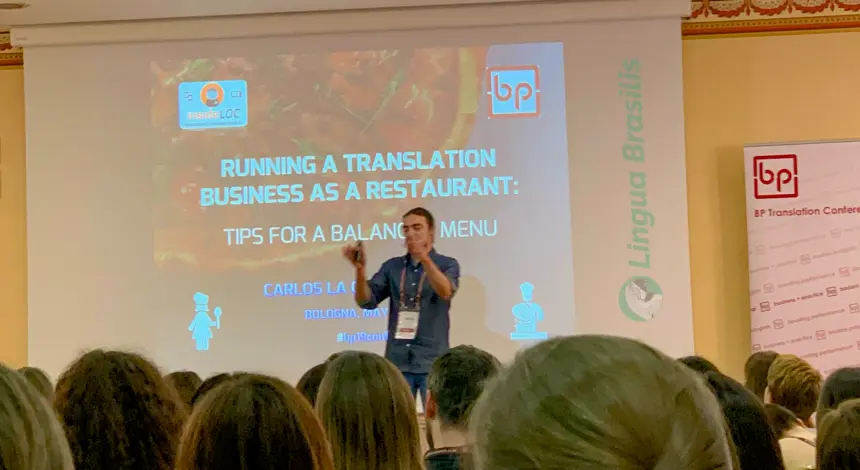 Palestra curta de Carlos la Orden Tovar durante o congresso de tradução BP19 em Bolonha