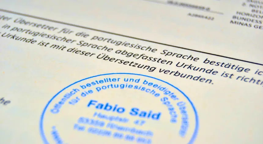 Bayerischer Bestätigungsvermerk für eine Urkundenübersetzung von Fabio Said als in München öffentlich bestellter und beeidigter Übersetzer für Portugiesisch